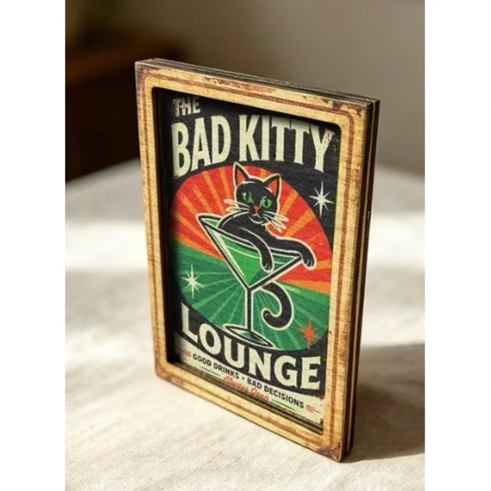 Cat Magnet Bad Kitty Lounge Funny Cat Humor Framed Miniature Magnet New Cute!
